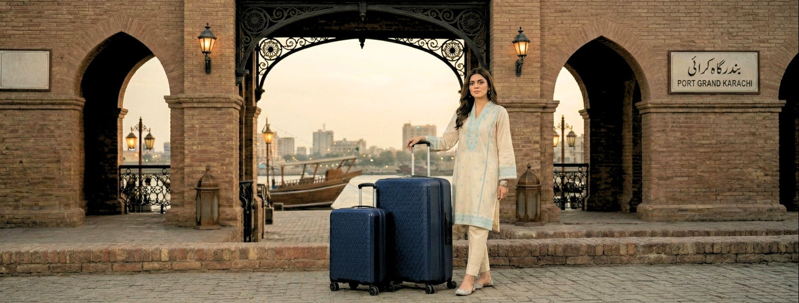 Woman with luggage standing in front of a historic archway with a cityscape in the background.
