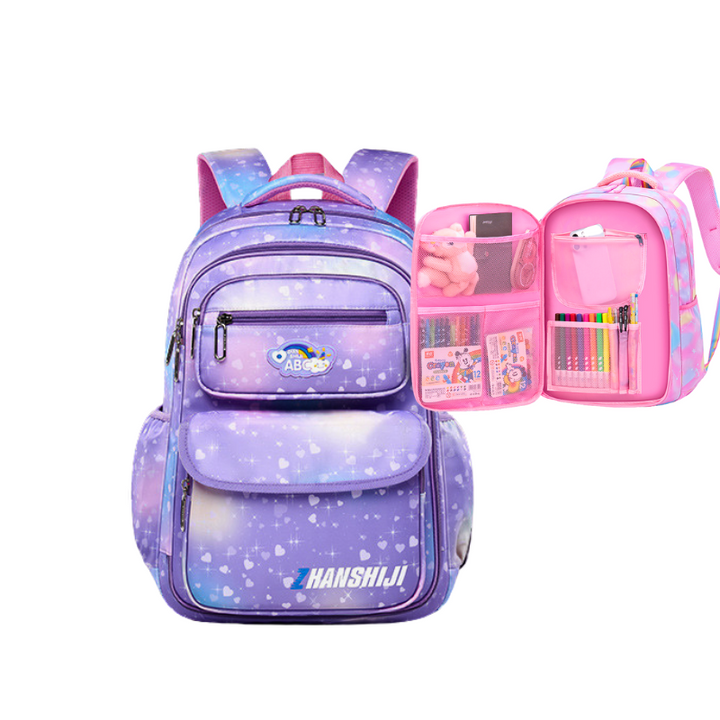 Cute nylon backpack for ages 8-12. Features a print design, adjustable strap, foldable, lightweight, and water-resistant. Zipper closure.