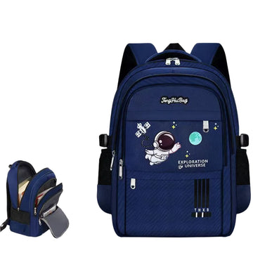 Blue backpack with astronaut design on a white background