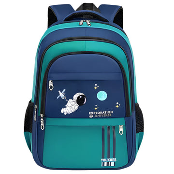 Blue and green backpack with space-themed design on a white background