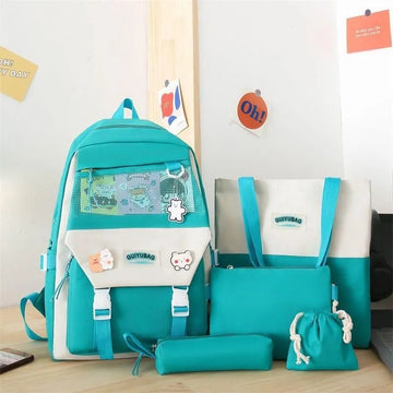 Teal and white backpack set with accessories on a wooden surface.