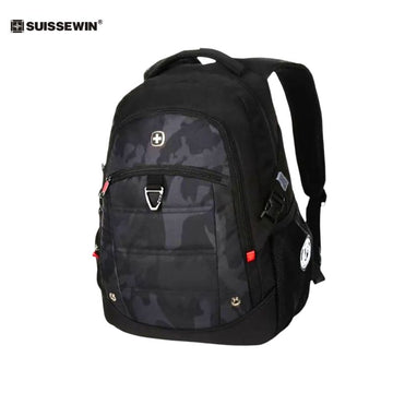 Black camouflage backpack with Swiss cross logo on a white background