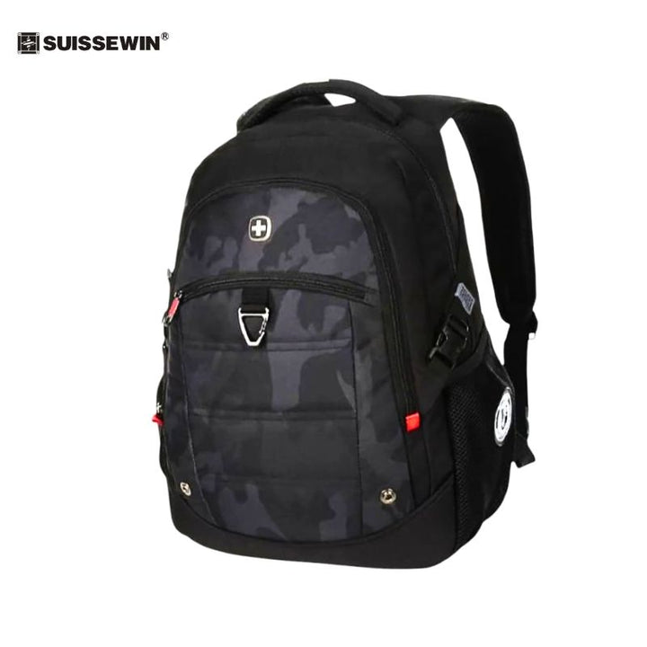 Black camouflage backpack with Swiss cross logo on a white background