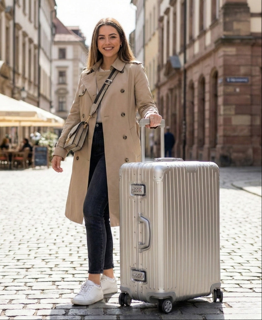 Woman in a trench coat pulling a silver suitcase on a cobblestone street.