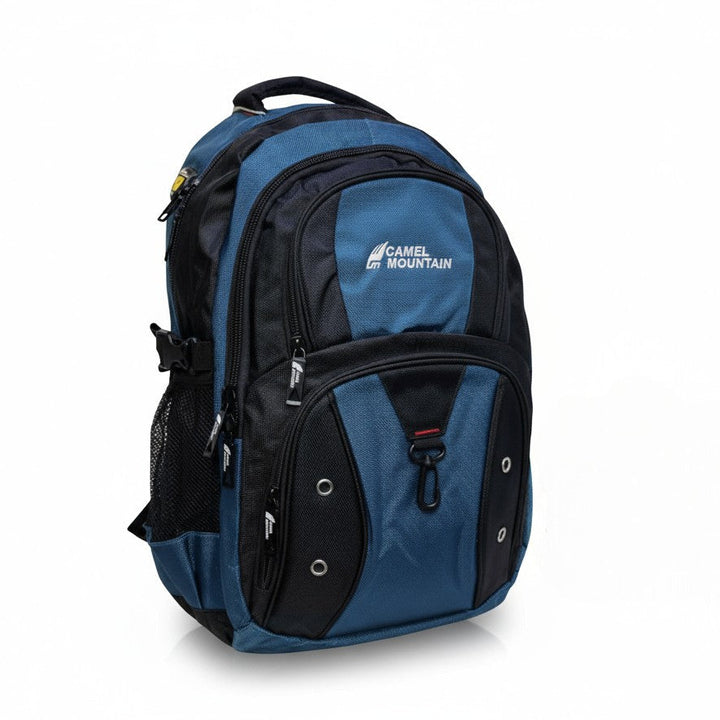 Blue and black backpack with Camel Mountain logo on a white background