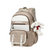 Beige and white backpack with a plush toy on a white background