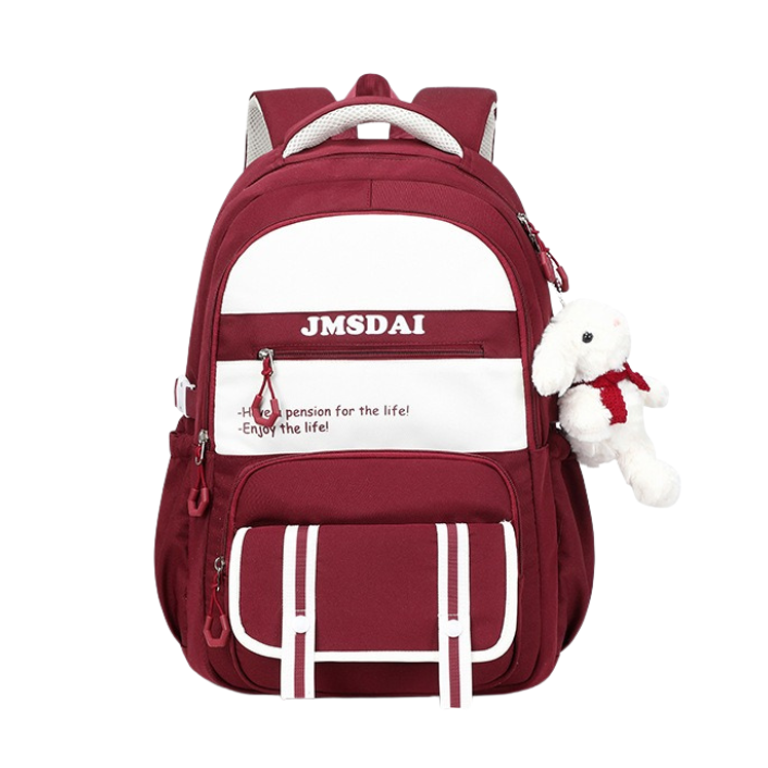 Red and white backpack with a plush toy on a white background