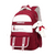 Red and white backpack with a plush toy on a white background