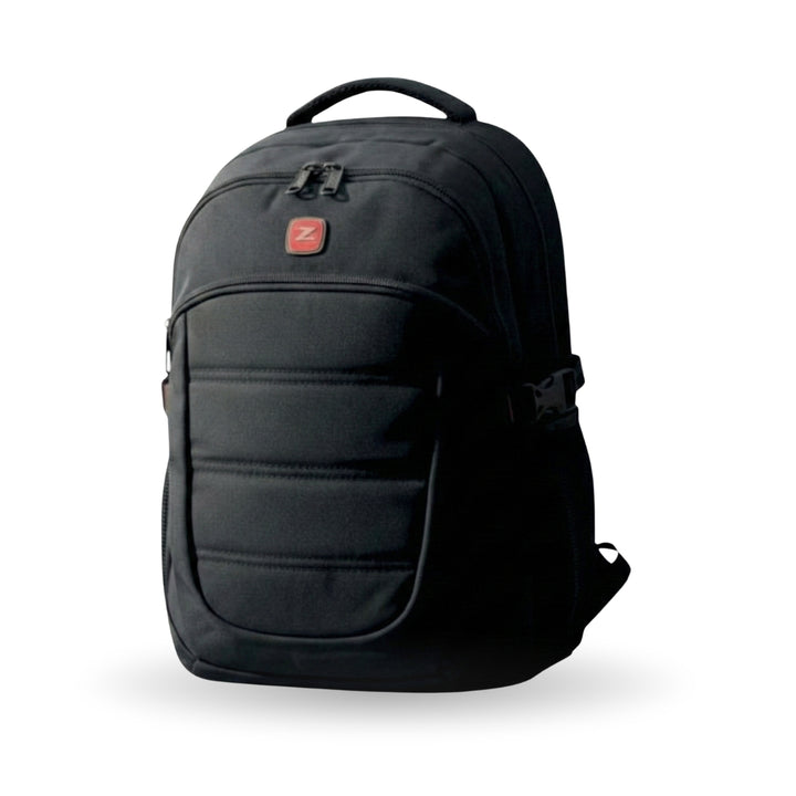 Black backpack with a brand logo on a white background