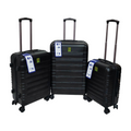 Set of three black suitcases with visible brand labels on a white background