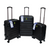 Set of three black suitcases with visible brand labels on a white background